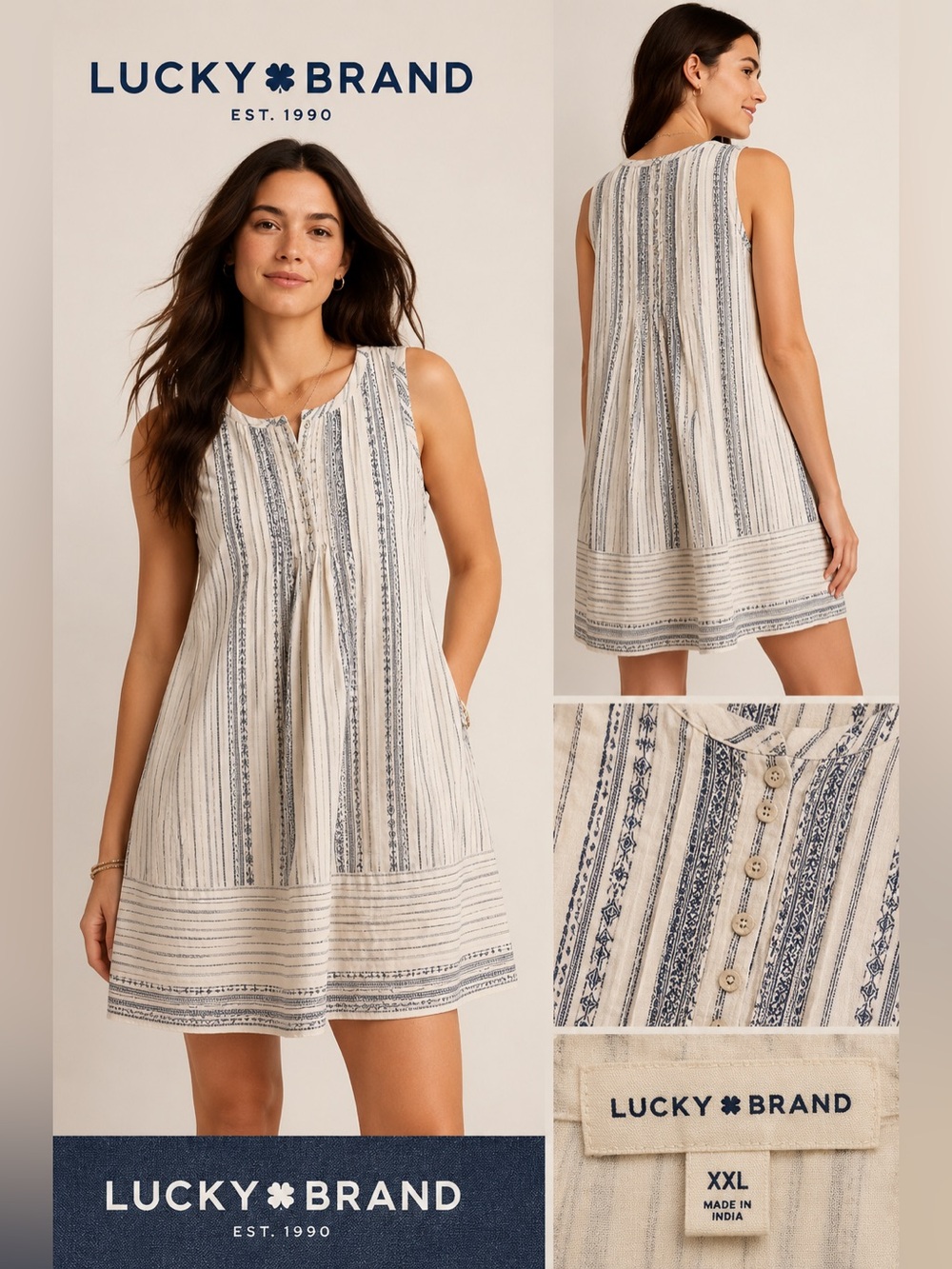 Lucky Brand Printed Cotton Pintuck Mini Dress Cream Blue Stripe Sleeveless XXL
